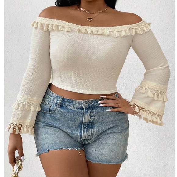 Boho Off Shoulder Tassel Detail Cropped Top - Picture 10 of 13